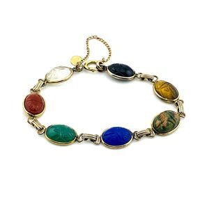 Vintage 15 MM Scarab Bracelet 12K Gold Filled Carved Stone Gemstones Signd CR Co